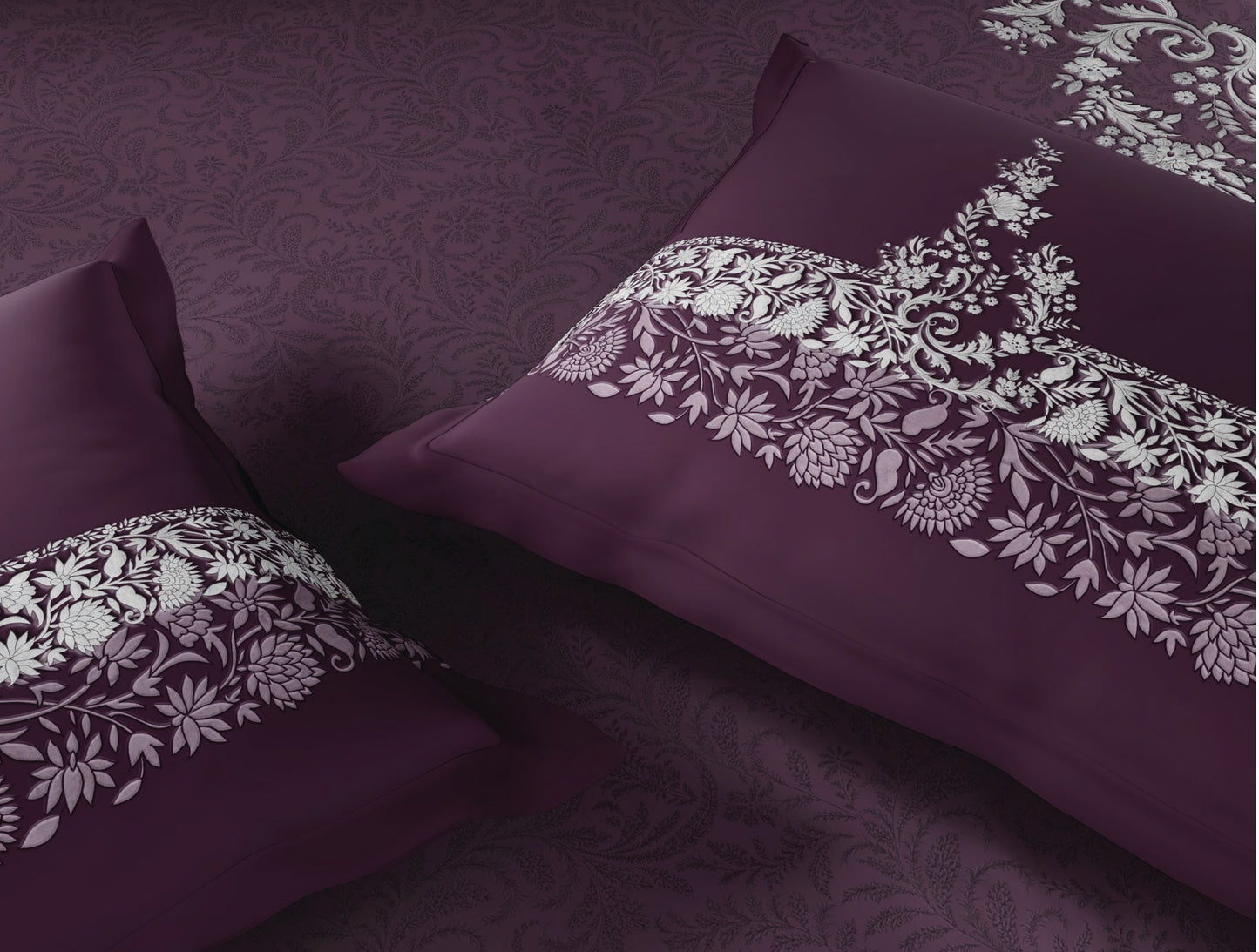 Spaces Bidriware 100% Cotton 300 TC Floral Dark Violet Festive Large Bedsheet with 2 Pillow Covers - 108 x 108 Inches