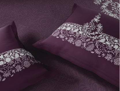 Spaces Bidriware 100% Cotton 300 TC Floral Dark Violet Festive Large Bedsheet with 2 Pillow Covers - 108 x 108 Inches