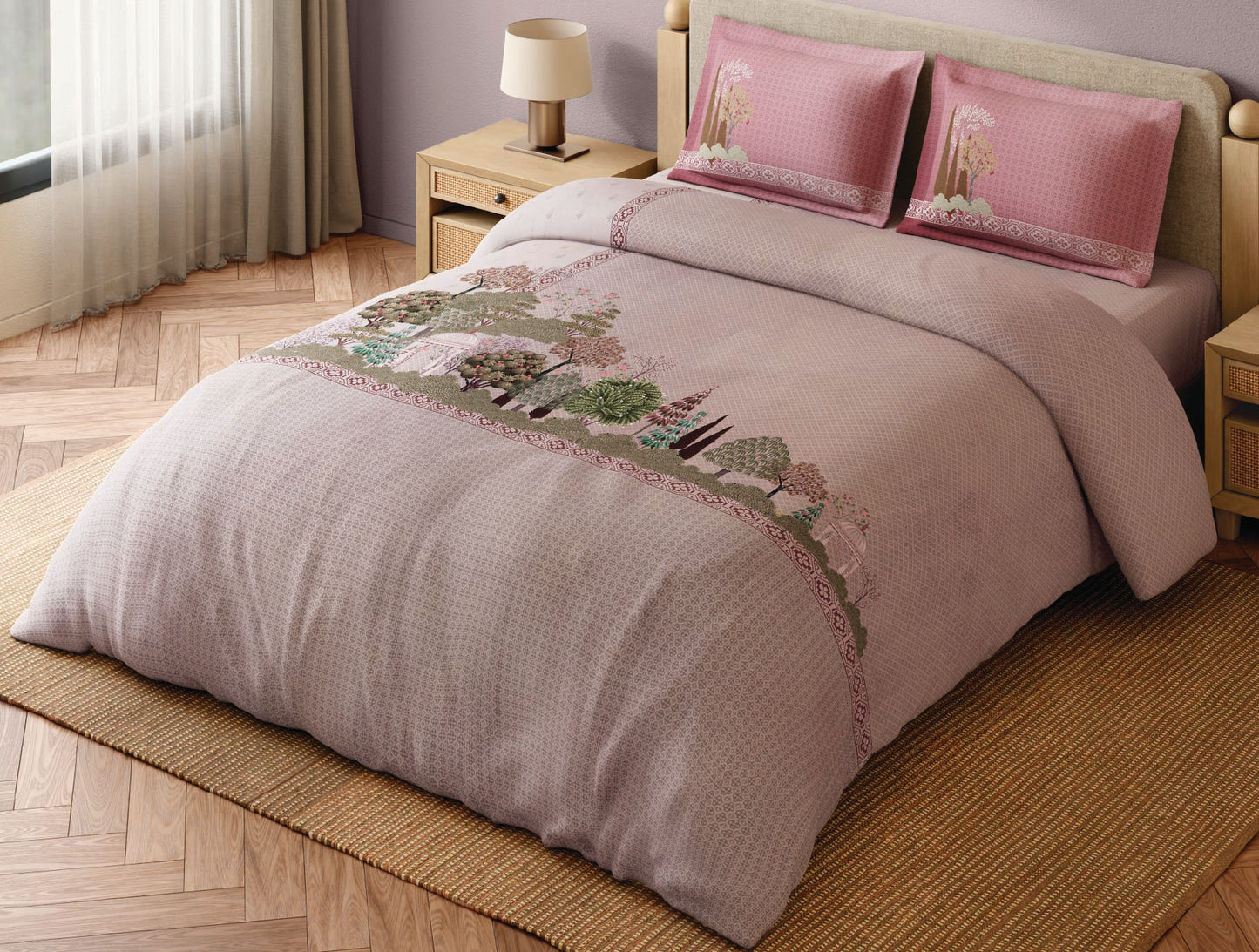 Spaces Miniature 100% Cotton 300 TC Light Pink Floral Large Bedsheet with 2 Pillow Covers - 108 x 108 Inches