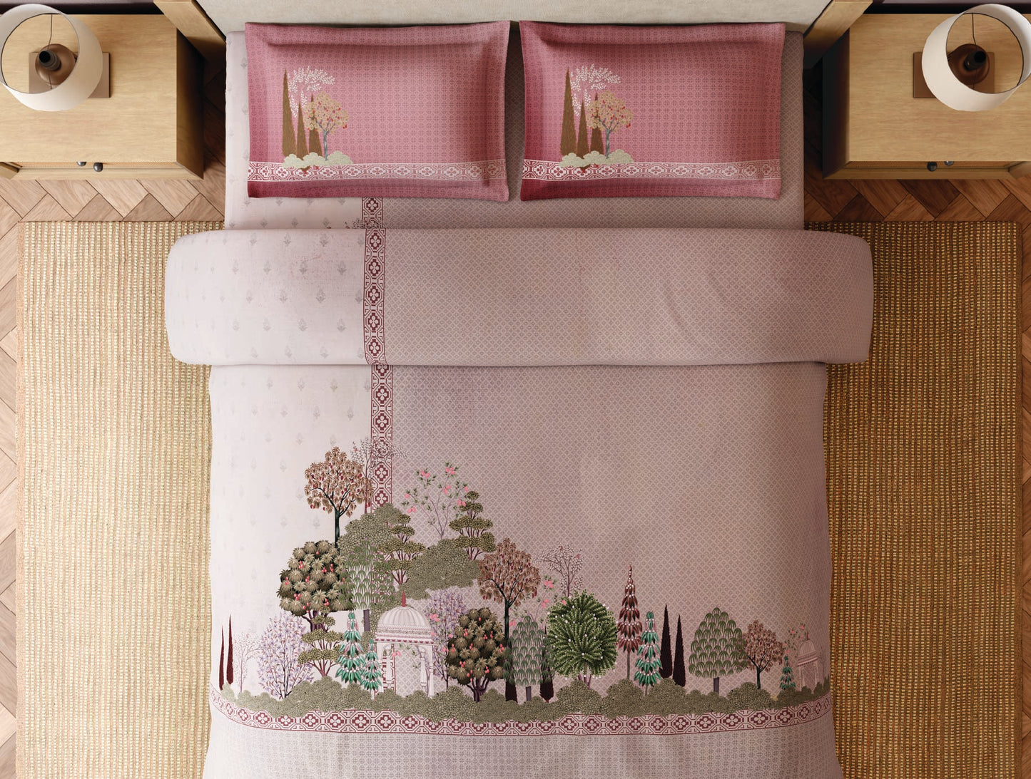 Spaces Miniature 100% Cotton 300 TC Light Pink Floral Large Bedsheet with 2 Pillow Covers - 108 x 108 Inches