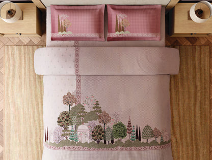 Spaces Miniature 100% Cotton 300 TC Light Pink Floral Large Bedsheet with 2 Pillow Covers - 108 x 108 Inches