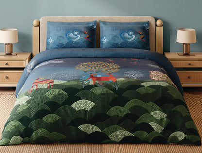 Spaces Gond Dark Blue Abstract 100% Cotton 300 TC Large Bedsheet with 2 Pillow Covers - 108 x 108 Inches