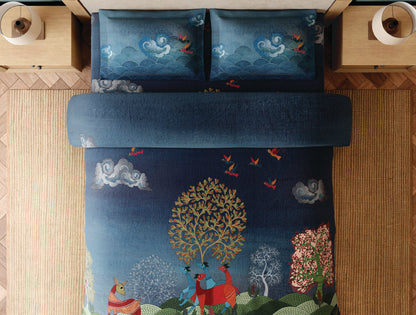 Spaces Gond Dark Blue Abstract 100% Cotton 300 TC Large Bedsheet with 2 Pillow Covers - 108 x 108 Inches