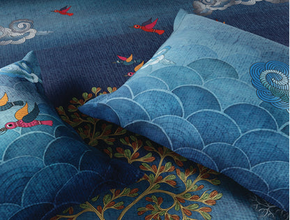 Spaces Gond Dark Blue Abstract 100% Cotton 300 TC Large Bedsheet with 2 Pillow Covers - 108 x 108 Inches