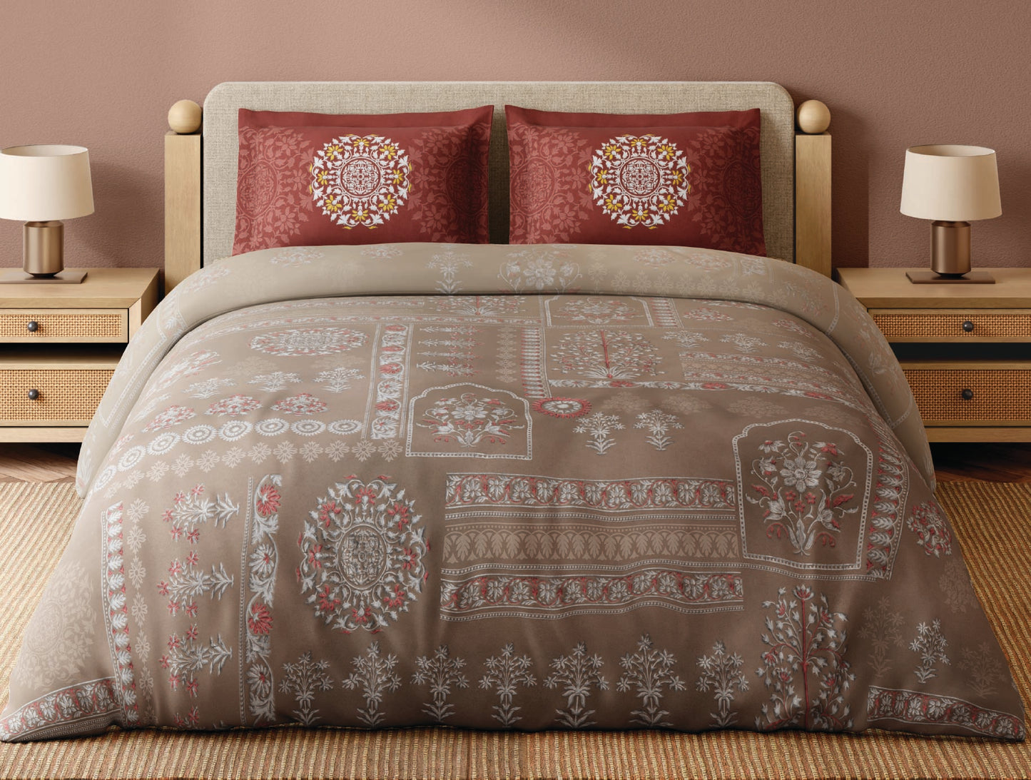 Spaces Bidriware 100% Cotton 300 TC Floral Light Brown Festive Large Bedsheet with 2 Pillow Covers - 108 x 108 Inches