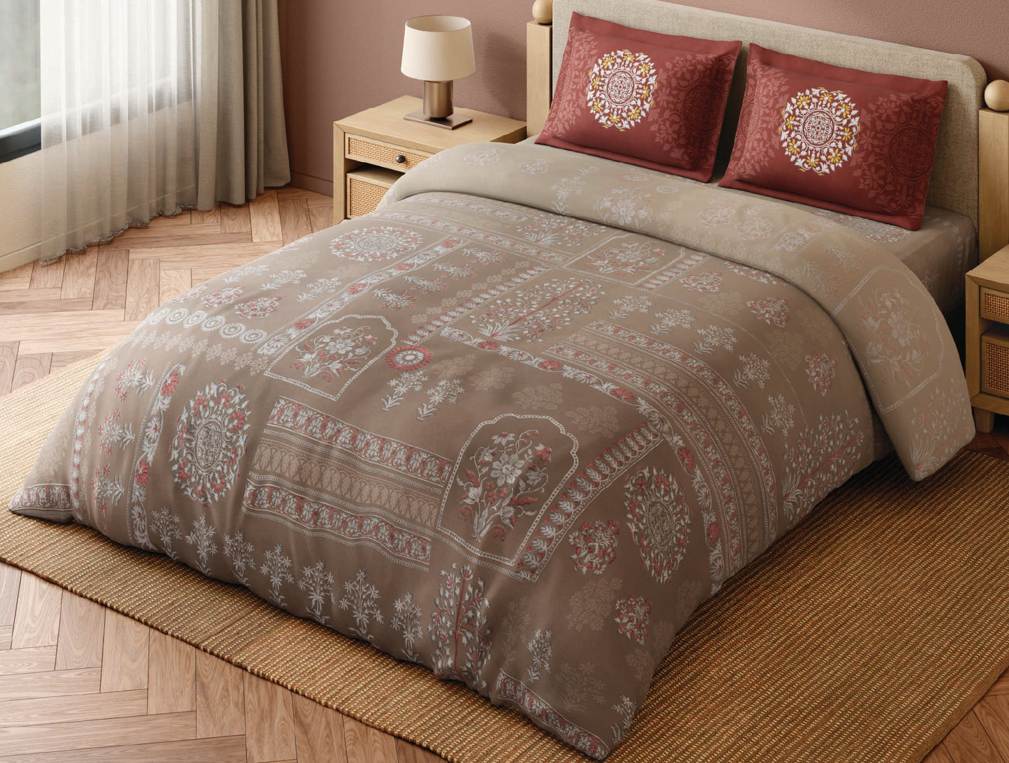 Spaces Bidriware 100% Cotton 300 TC Floral Light Brown Festive Large Bedsheet with 2 Pillow Covers - 108 x 108 Inches