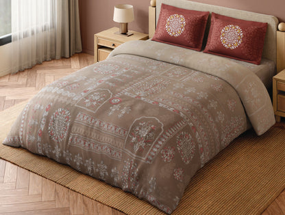 Spaces Bidriware 100% Cotton 300 TC Floral Light Brown Festive Large Bedsheet with 2 Pillow Covers - 108 x 108 Inches