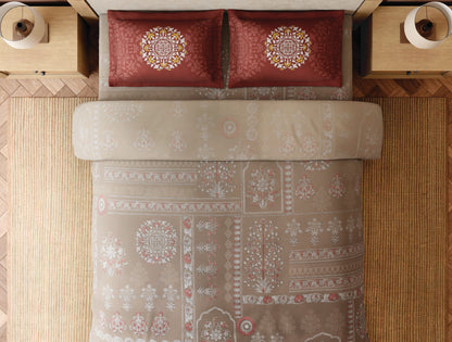 Spaces Bidriware 100% Cotton 300 TC Floral Light Brown Festive Large Bedsheet with 2 Pillow Covers - 108 x 108 Inches