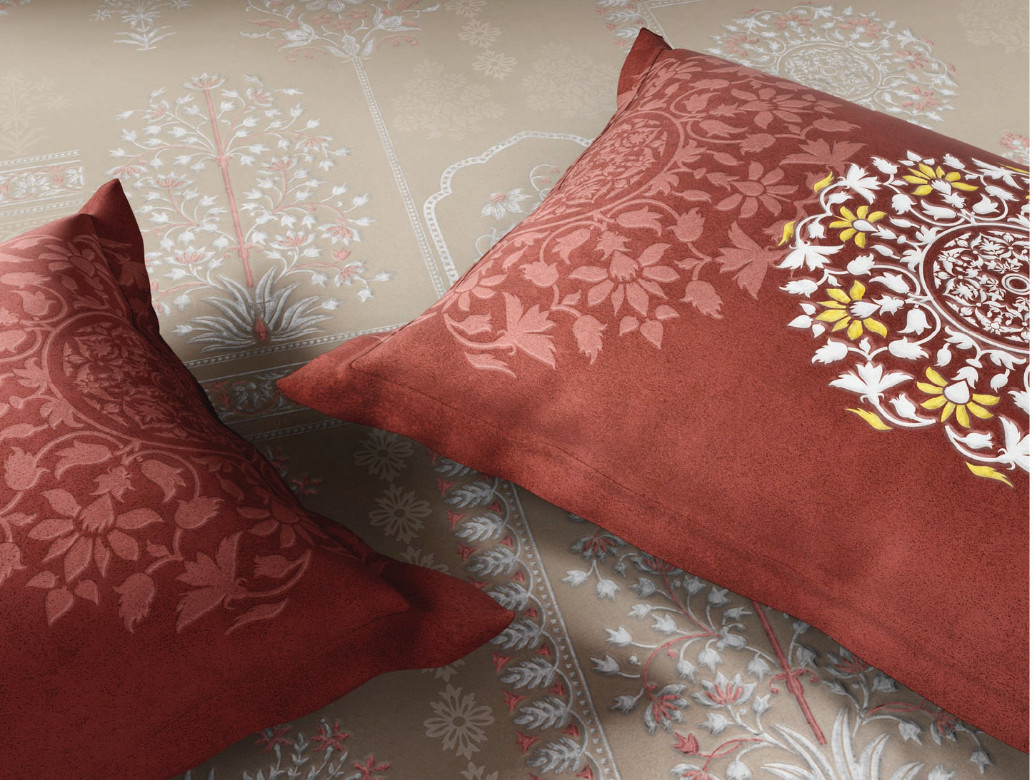 Spaces Bidriware 100% Cotton 300 TC Floral Light Brown Festive Large Bedsheet with 2 Pillow Covers - 108 x 108 Inches