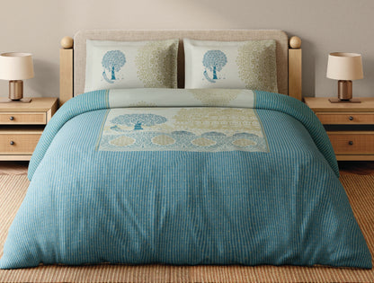Spaces Sanjhi 100% Cotton 300 TC Abstract Aqua Festive Large Bedsheet with 2 Pillow Covers - 108 x 108 Inches