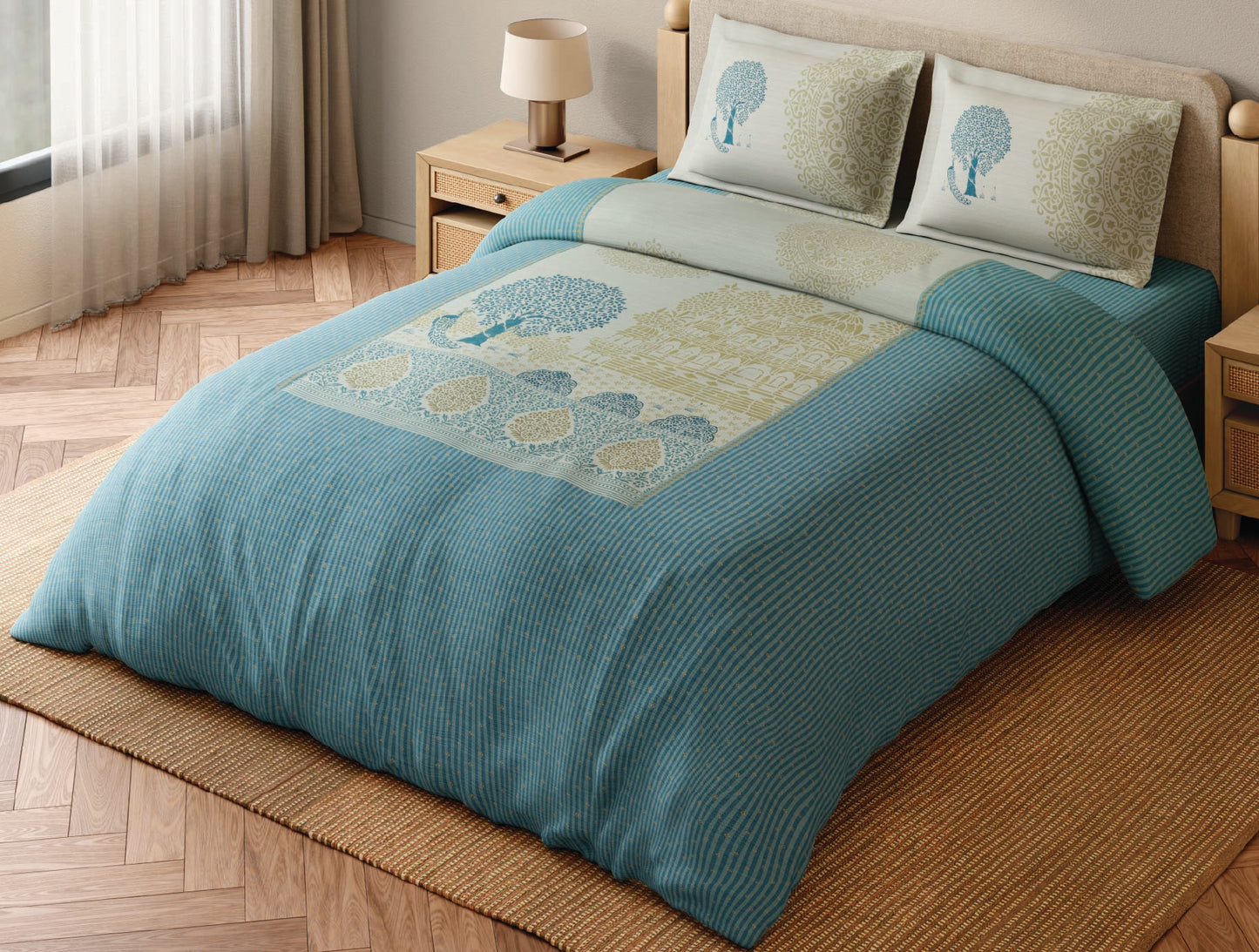 Spaces Sanjhi 100% Cotton 300 TC Abstract Aqua Festive Large Bedsheet with 2 Pillow Covers - 108 x 108 Inches