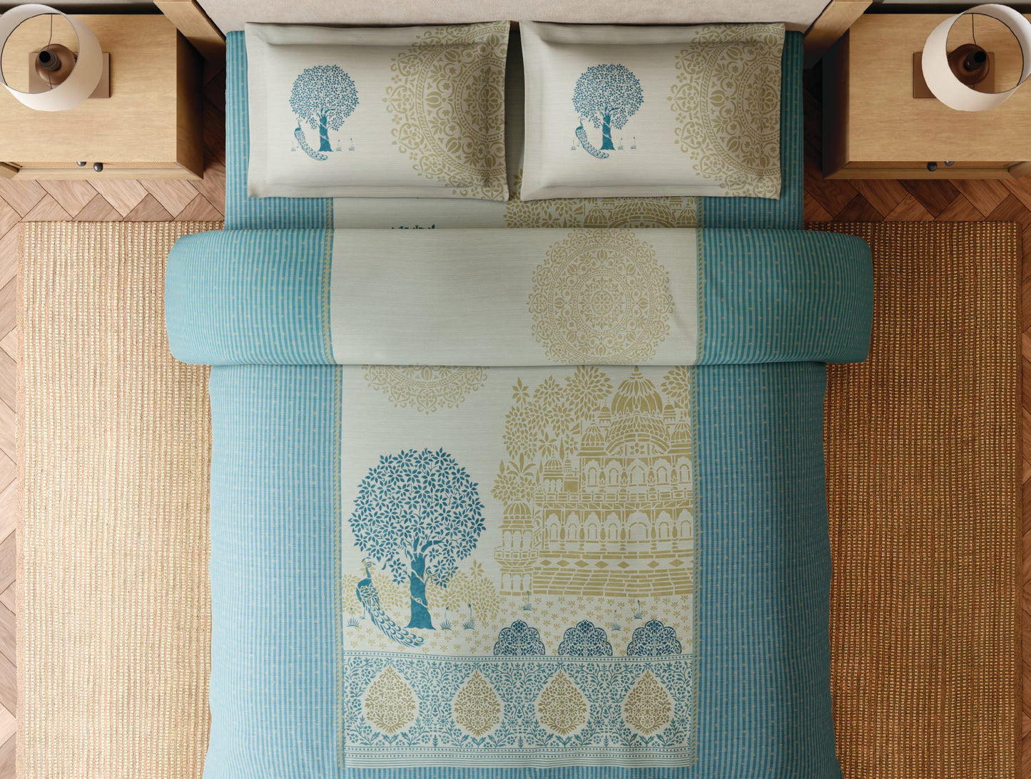 Spaces Sanjhi 100% Cotton 300 TC Abstract Aqua Festive Large Bedsheet with 2 Pillow Covers - 108 x 108 Inches