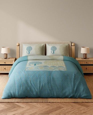 Spaces Sanjhi 100% Cotton 300 TC Abstract Aqua Festive Large Bedsheet with 2 Pillow Covers - 108 x 108 Inches