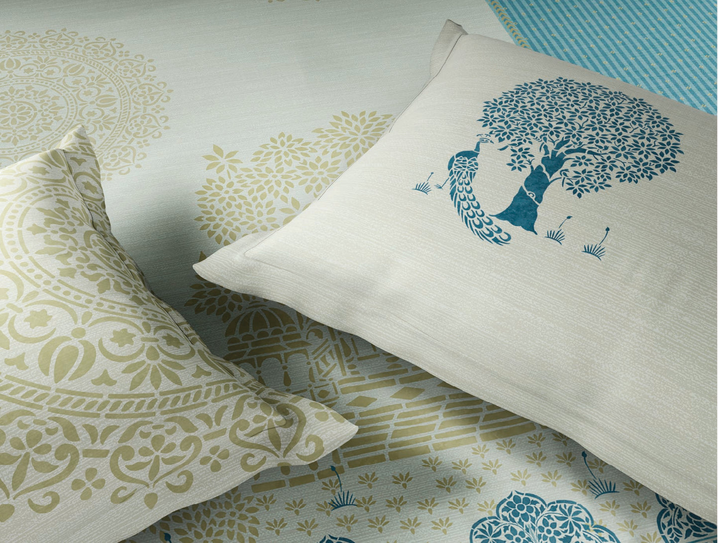 Spaces Sanjhi 100% Cotton 300 TC Abstract Aqua Festive Large Bedsheet with 2 Pillow Covers - 108 x 108 Inches