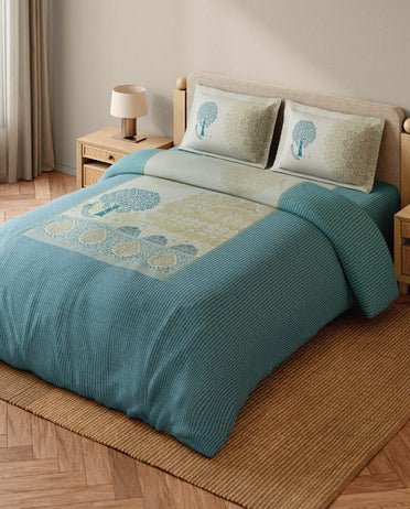 Spaces Sanjhi 100% Cotton 300 TC Abstract Aqua Festive Large Bedsheet with 2 Pillow Covers - 108 x 108 Inches