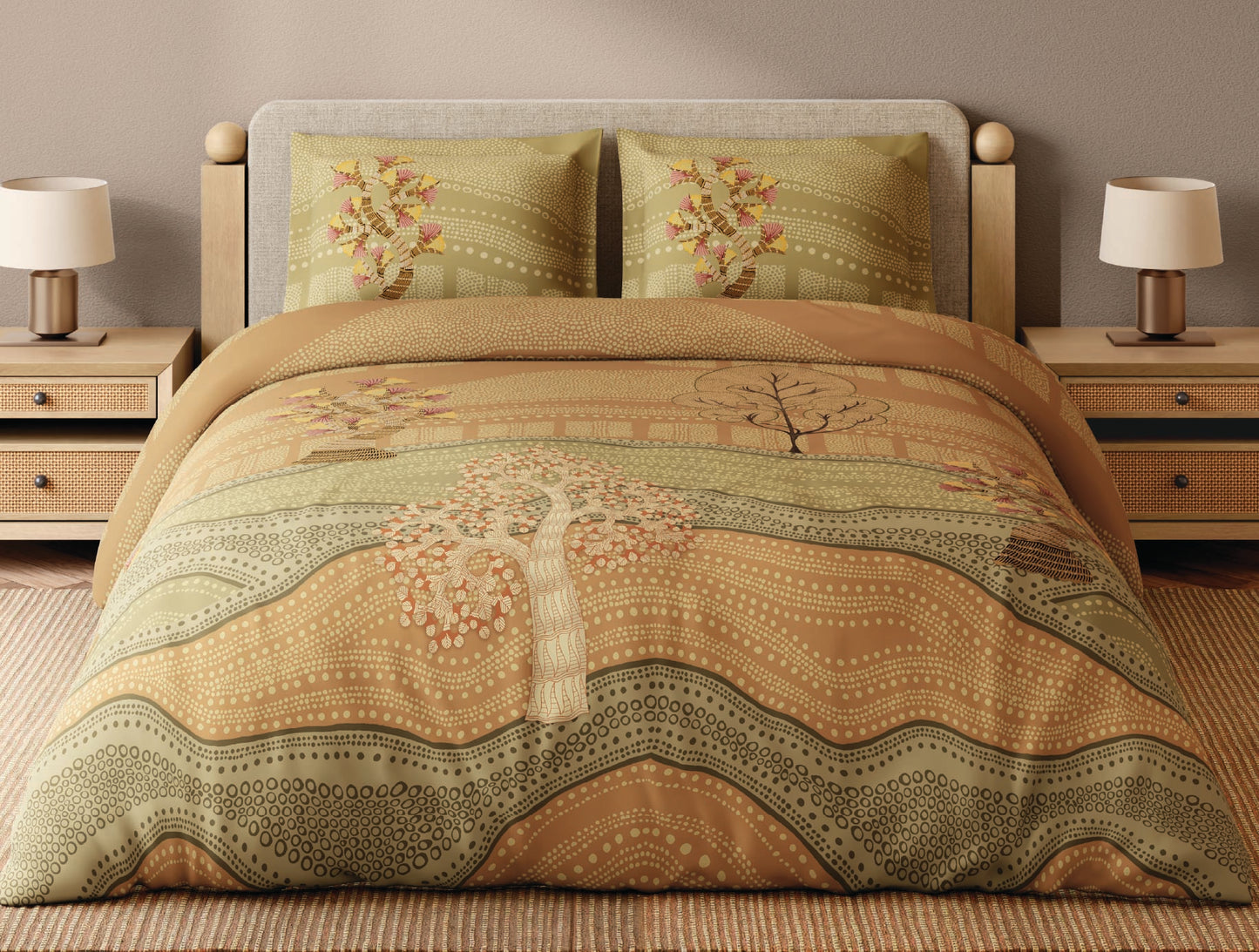 Spaces Gond Coral Abstract 100% Cotton 300 TC Large Bedsheet with 2 Pillow Covers - 108 x 108 Inches