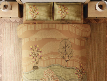 Spaces Gond Coral Abstract 100% Cotton 300 TC Large Bedsheet with 2 Pillow Covers - 108 x 108 Inches