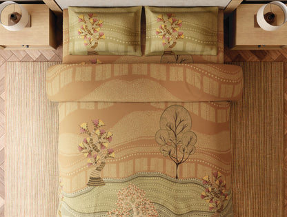 Spaces Gond Coral Abstract 100% Cotton 300 TC Large Bedsheet with 2 Pillow Covers - 108 x 108 Inches