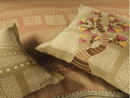 Spaces Gond Coral Abstract 100% Cotton 300 TC Large Bedsheet with 2 Pillow Covers - 108 x 108 Inches