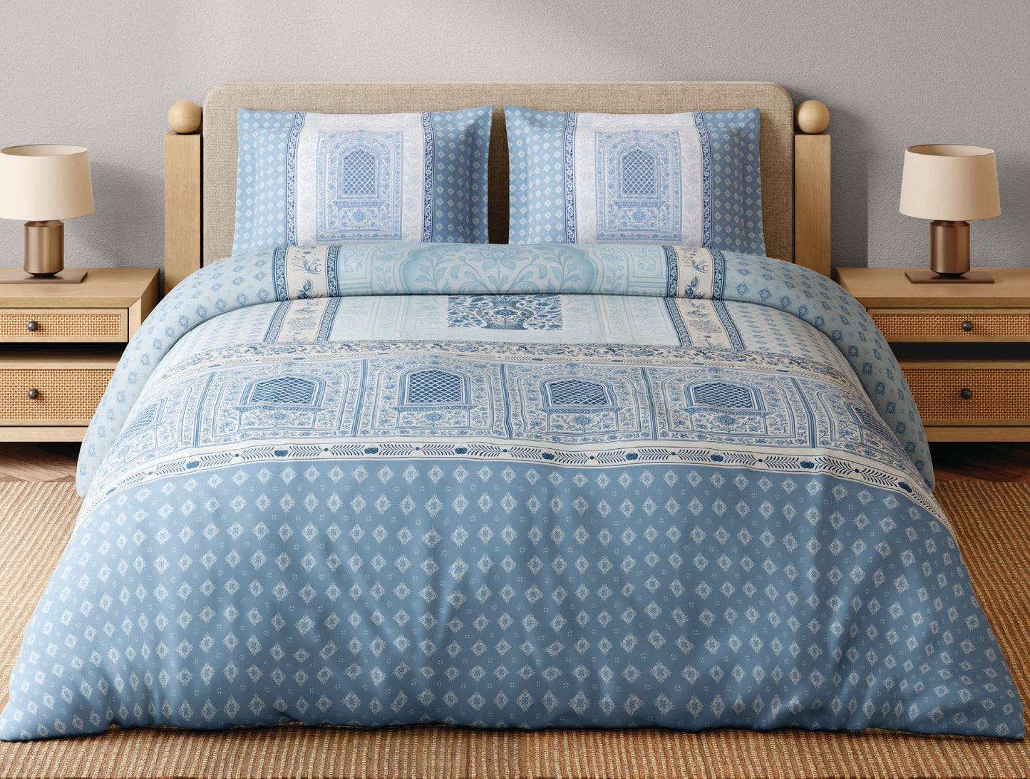 Spaces Blue Pottery 100% Cotton 300 TC Ornate Light Aqua Festive Large Bedsheet with 2 Pillow Covers - 108 x 108 Inches