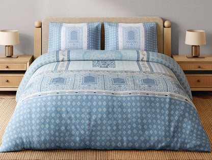Spaces Blue Pottery 100% Cotton 300 TC Ornate Light Aqua Festive Large Bedsheet with 2 Pillow Covers - 108 x 108 Inches