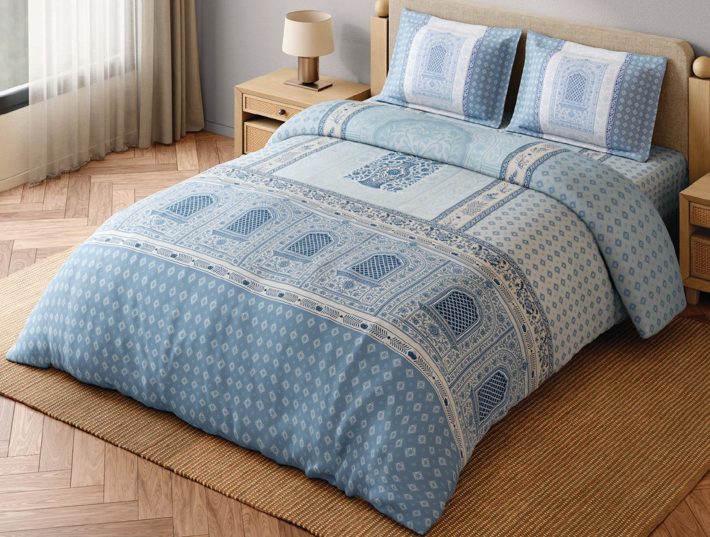 Spaces Blue Pottery 100% Cotton 300 TC Ornate Light Aqua Festive Large Bedsheet with 2 Pillow Covers - 108 x 108 Inches