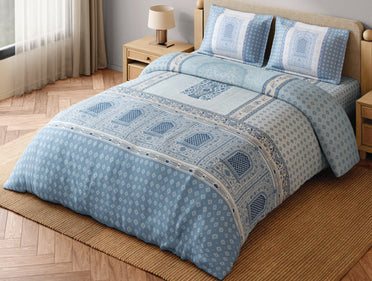 Spaces Blue Pottery 100% Cotton 300 TC Ornate Light Aqua Festive Large Bedsheet with 2 Pillow Covers - 108 x 108 Inches