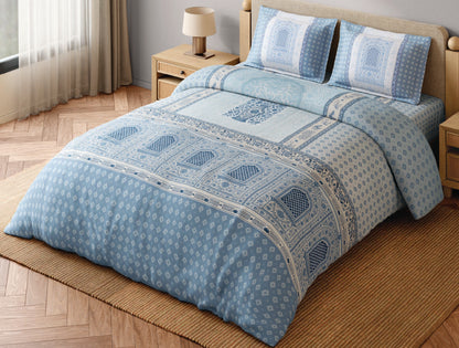 Spaces Blue Pottery 100% Cotton 300 TC Ornate Light Aqua Festive Large Bedsheet with 2 Pillow Covers - 108 x 108 Inches