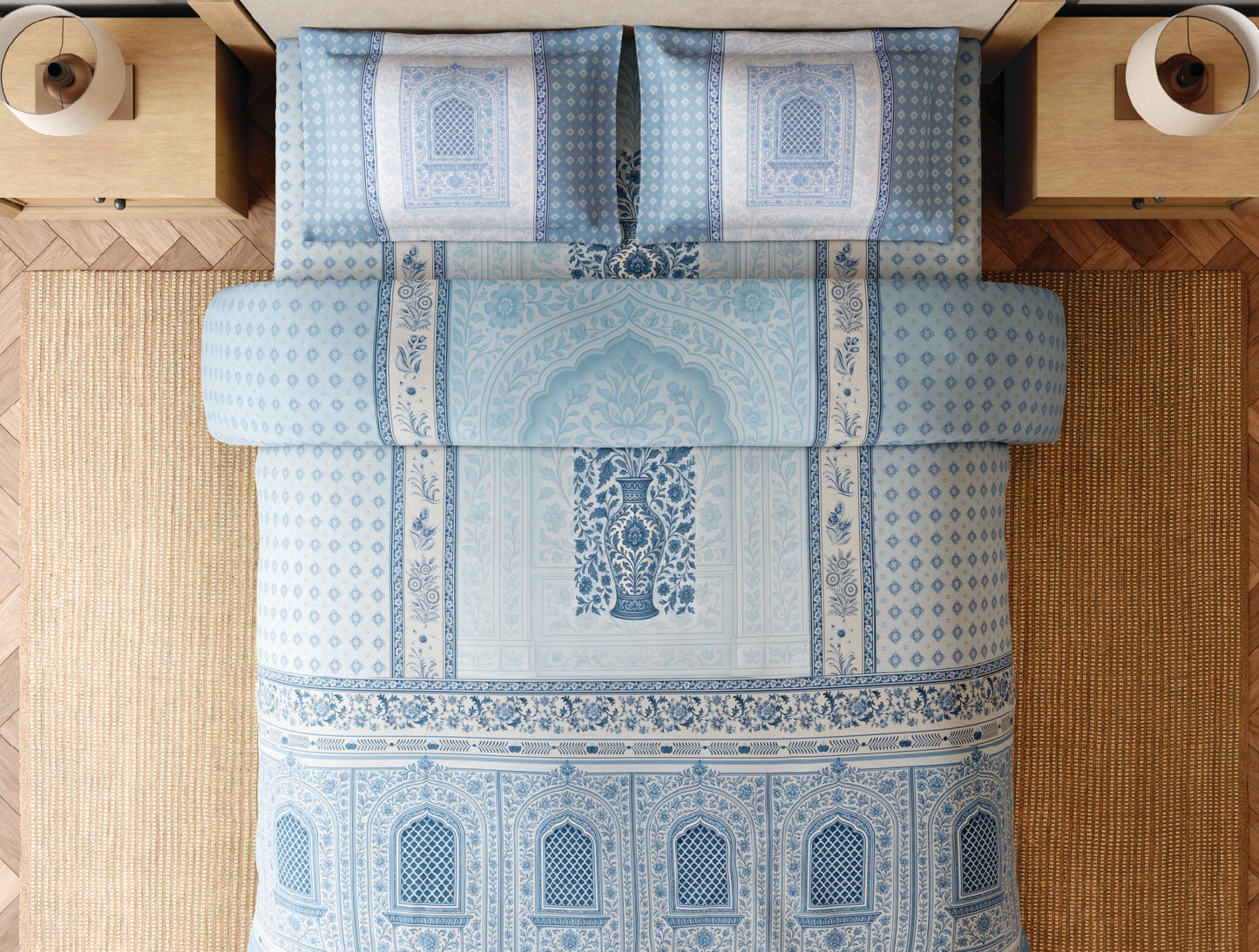 Spaces Blue Pottery 100% Cotton 300 TC Ornate Light Aqua Festive Large Bedsheet with 2 Pillow Covers - 108 x 108 Inches