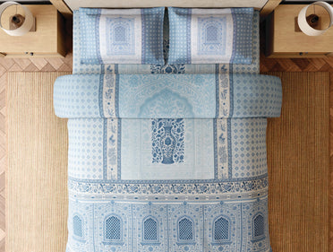 Spaces Blue Pottery 100% Cotton 300 TC Ornate Light Aqua Festive Large Bedsheet with 2 Pillow Covers - 108 x 108 Inches