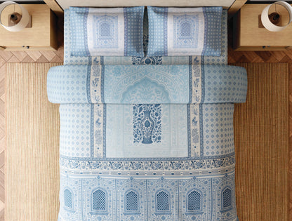Spaces Blue Pottery 100% Cotton 300 TC Ornate Light Aqua Festive Large Bedsheet with 2 Pillow Covers - 108 x 108 Inches