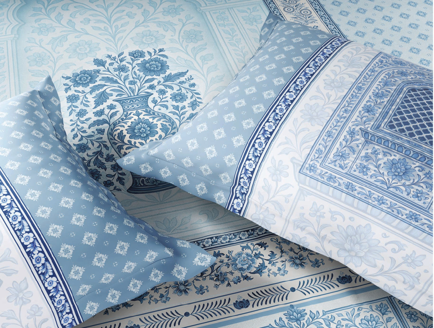 Spaces Blue Pottery 100% Cotton 300 TC Ornate Light Aqua Festive Large Bedsheet with 2 Pillow Covers - 108 x 108 Inches