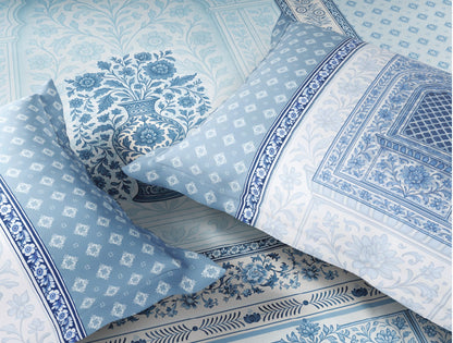 Spaces Blue Pottery 100% Cotton 300 TC Ornate Light Aqua Festive Large Bedsheet with 2 Pillow Covers - 108 x 108 Inches