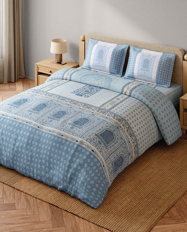 Spaces Blue Pottery 100% Cotton 300 TC Ornate Light Aqua Festive Large Bedsheet with 2 Pillow Covers - 108 x 108 Inches