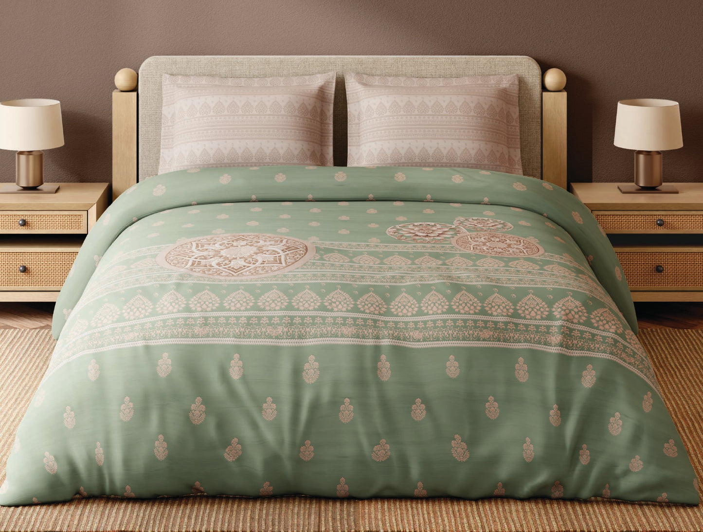 Spaces Wood Carving Light Green Ornate 100% Cotton 300 TC Large Bedsheet with 2 Pillow Covers - 108 x 108 Inches