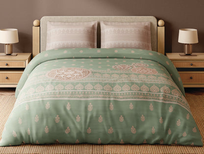 Spaces Wood Carving Light Green Ornate 100% Cotton 300 TC Large Bedsheet with 2 Pillow Covers - 108 x 108 Inches