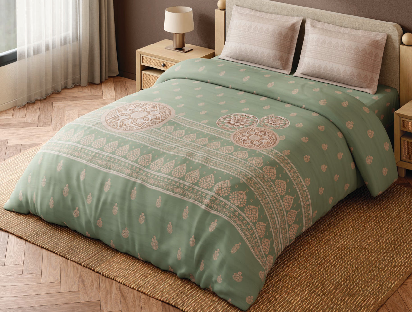 Spaces Wood Carving Light Green Ornate 100% Cotton 300 TC Large Bedsheet with 2 Pillow Covers - 108 x 108 Inches