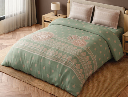 Spaces Wood Carving Light Green Ornate 100% Cotton 300 TC Large Bedsheet with 2 Pillow Covers - 108 x 108 Inches