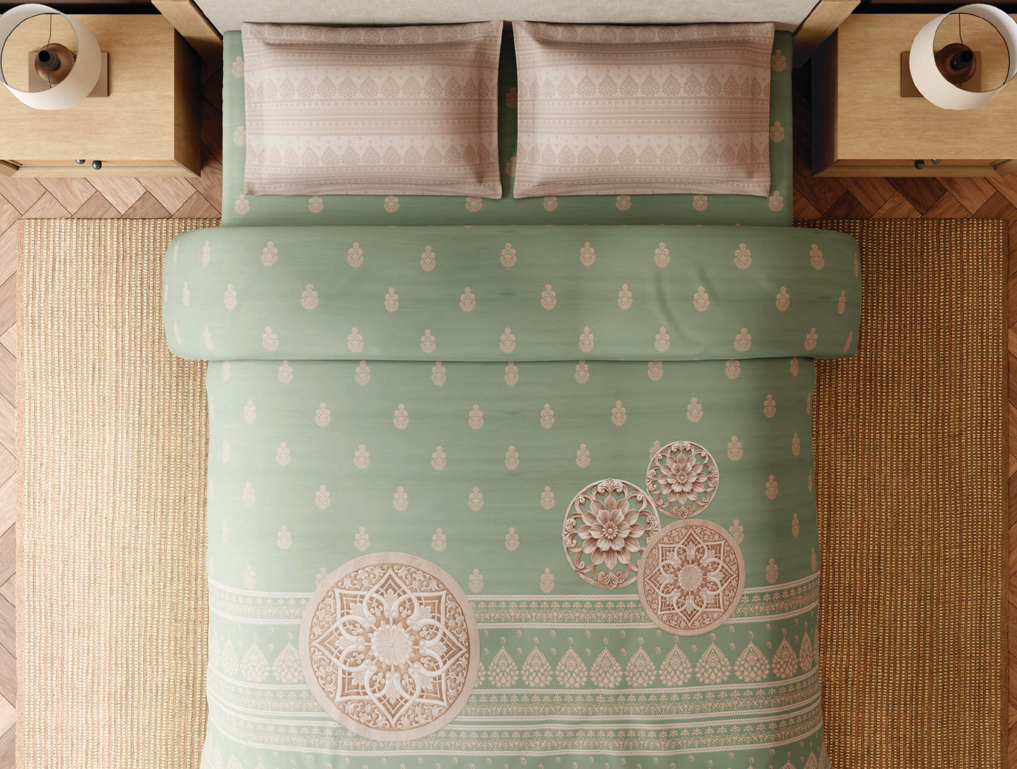 Spaces Wood Carving Light Green Ornate 100% Cotton 300 TC Large Bedsheet with 2 Pillow Covers - 108 x 108 Inches