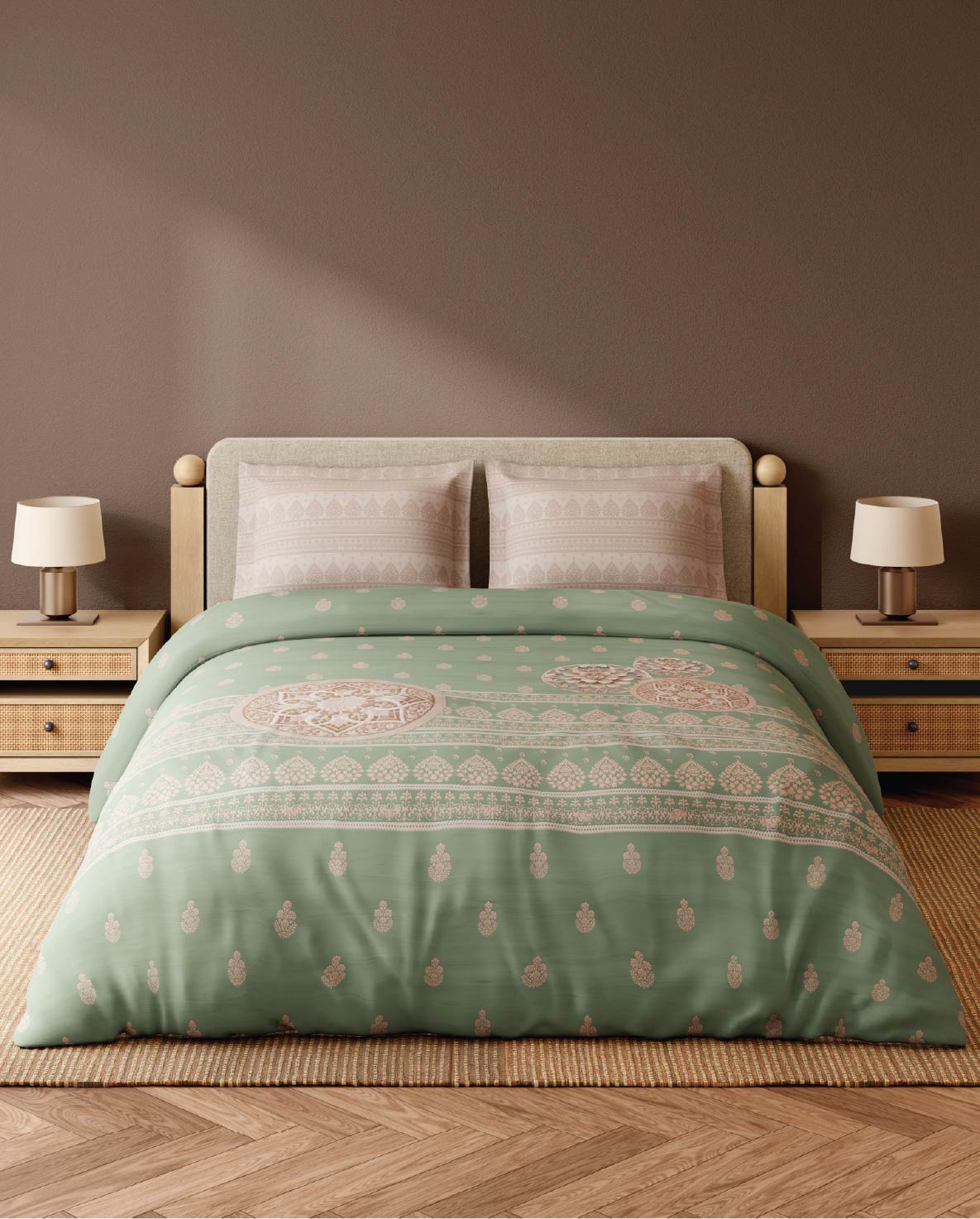 Spaces Wood Carving Light Green Ornate 100% Cotton 300 TC Large Bedsheet with 2 Pillow Covers - 108 x 108 Inches