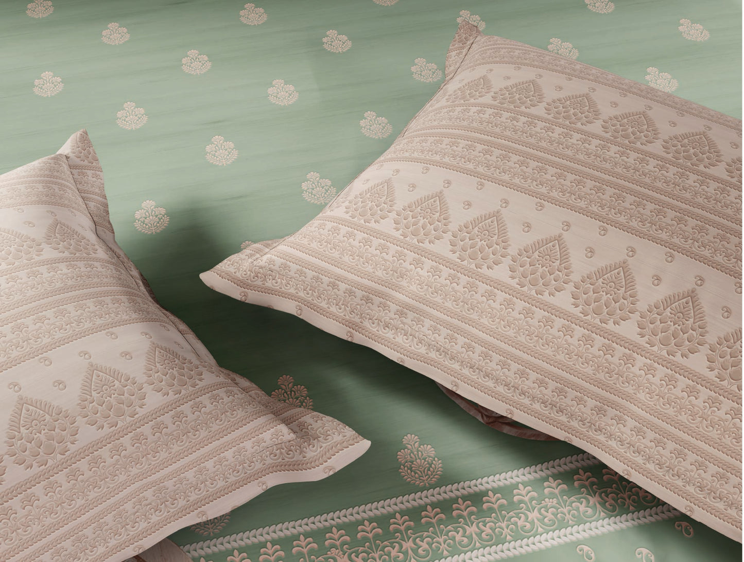 Spaces Wood Carving Light Green Ornate 100% Cotton 300 TC Large Bedsheet with 2 Pillow Covers - 108 x 108 Inches