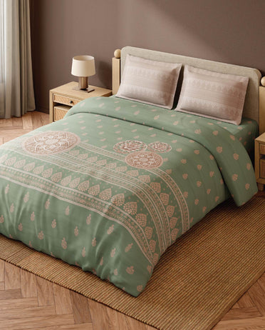 Spaces Wood Carving Light Green Ornate 100% Cotton 300 TC Large Bedsheet with 2 Pillow Covers - 108 x 108 Inches
