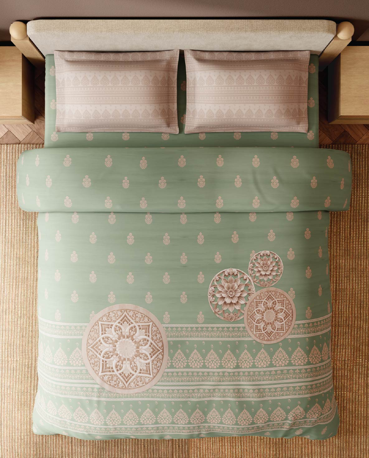 Spaces Wood Carving Light Green Ornate 100% Cotton 300 TC Large Bedsheet with 2 Pillow Covers - 108 x 108 Inches
