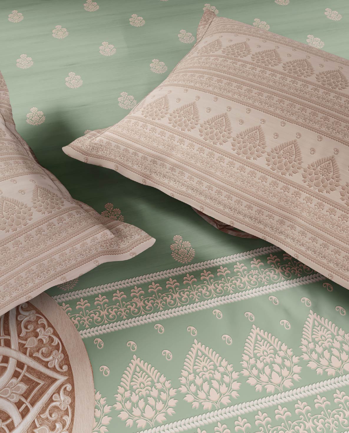 Spaces Wood Carving Light Green Ornate 100% Cotton 300 TC Large Bedsheet with 2 Pillow Covers - 108 x 108 Inches