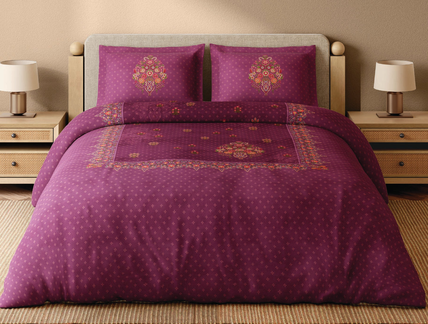 Spaces Paper Mache Maroon Floral 100% Cotton 300 TC Large Bedsheet with 2 Pillow Covers - 108 x 108 Inches