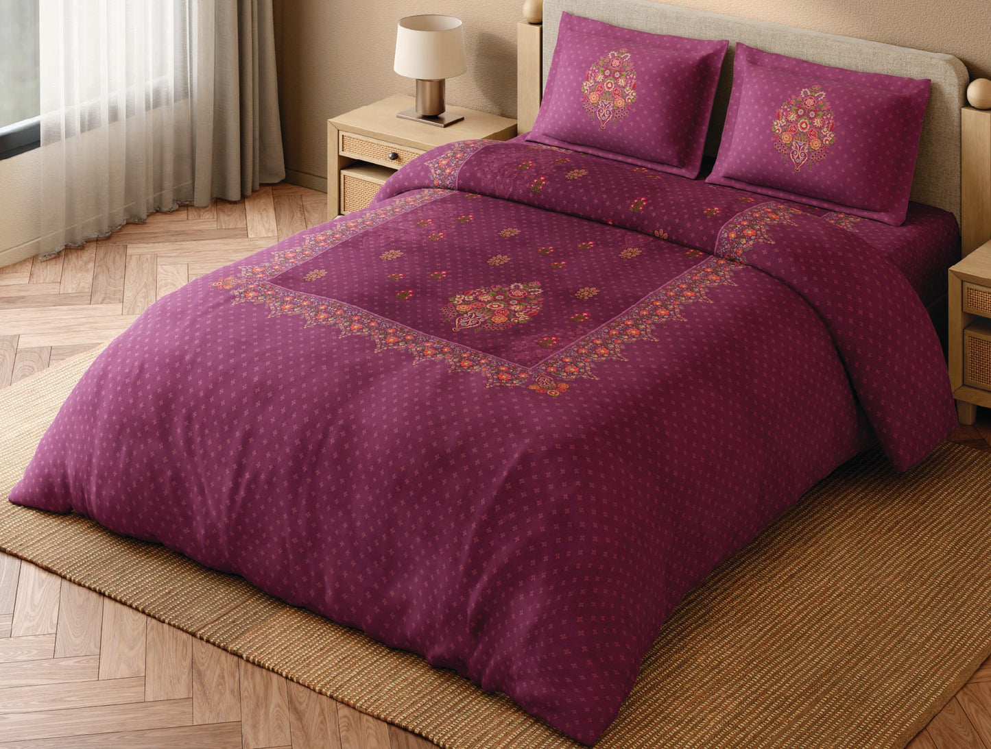 Spaces Paper Mache Maroon Floral 100% Cotton 300 TC Large Bedsheet with 2 Pillow Covers - 108 x 108 Inches