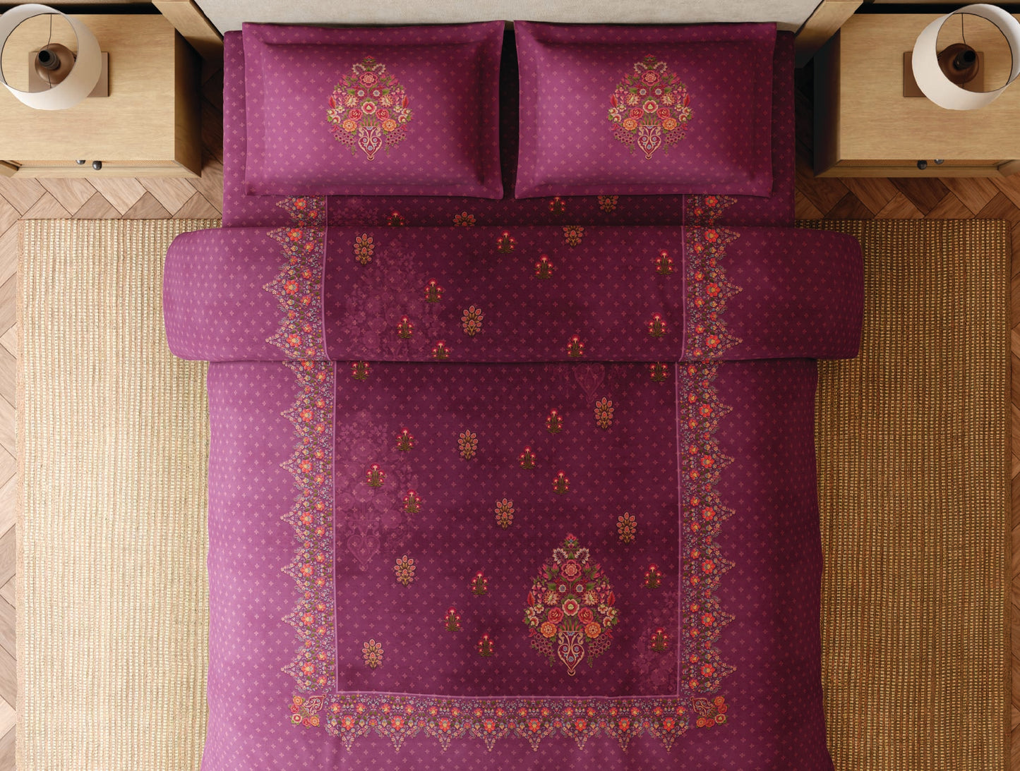 Spaces Paper Mache Maroon Floral 100% Cotton 300 TC Large Bedsheet with 2 Pillow Covers - 108 x 108 Inches