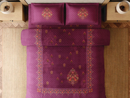 Spaces Paper Mache Maroon Floral 100% Cotton 300 TC Large Bedsheet with 2 Pillow Covers - 108 x 108 Inches