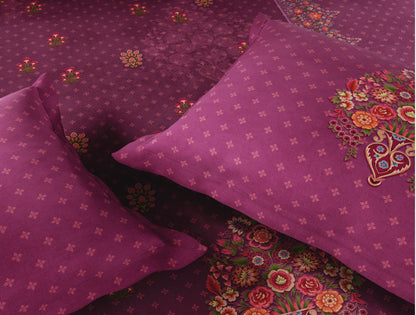 Spaces Paper Mache Maroon Floral 100% Cotton 300 TC Large Bedsheet with 2 Pillow Covers - 108 x 108 Inches