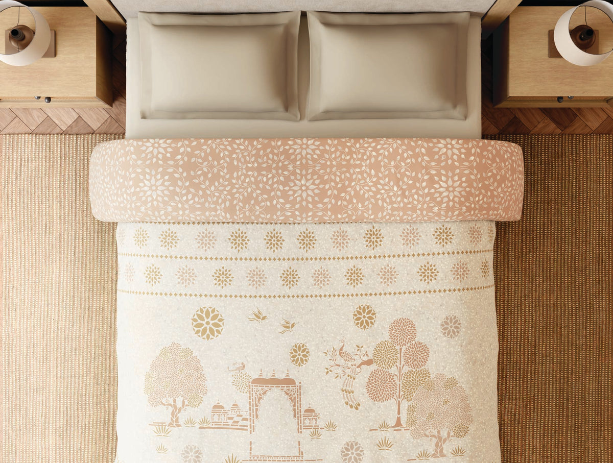 Spaces Sanjhi 100% Cotton 300 TC Floral Beige Double Quilt - 88 x 106 Inches